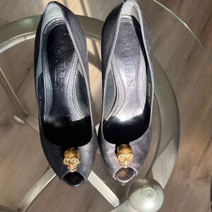 Alexander McQueen Black Peep-Toe Heels with Gold Skull